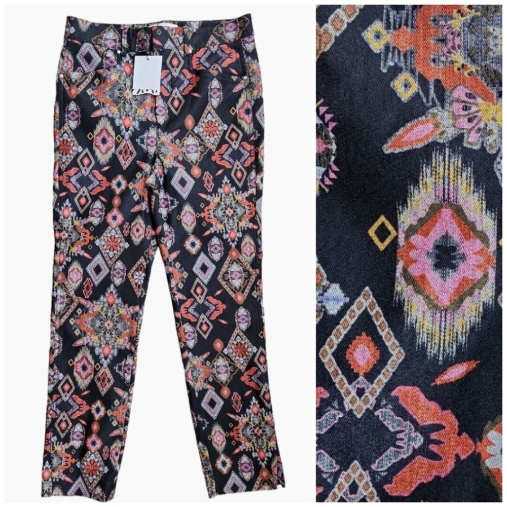 Zara Ethnic Southwestern Print Slim Straight Side Slits Cropped Pants Pockets S
